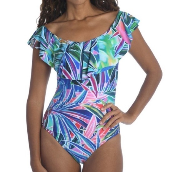 La Blanca Multicolor Palm Opulence Off Shoulder Ruffle One Piece Swimsuit - Picture 2 of 15